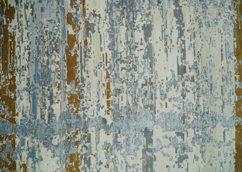 9x12 Fine Hand Knotted Ivory and Blue Modern Abstract Style Antique Wool and Silk Area Rug | AGR22