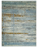 9x12 Fine Hand Knotted Ivory and Blue Modern Abstract Style Antique Wool and Silk Area Rug | AGR22