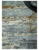 9x12 Fine Hand Knotted Ivory and Blue Modern Abstract Style Antique Wool and Silk Area Rug | AGR22