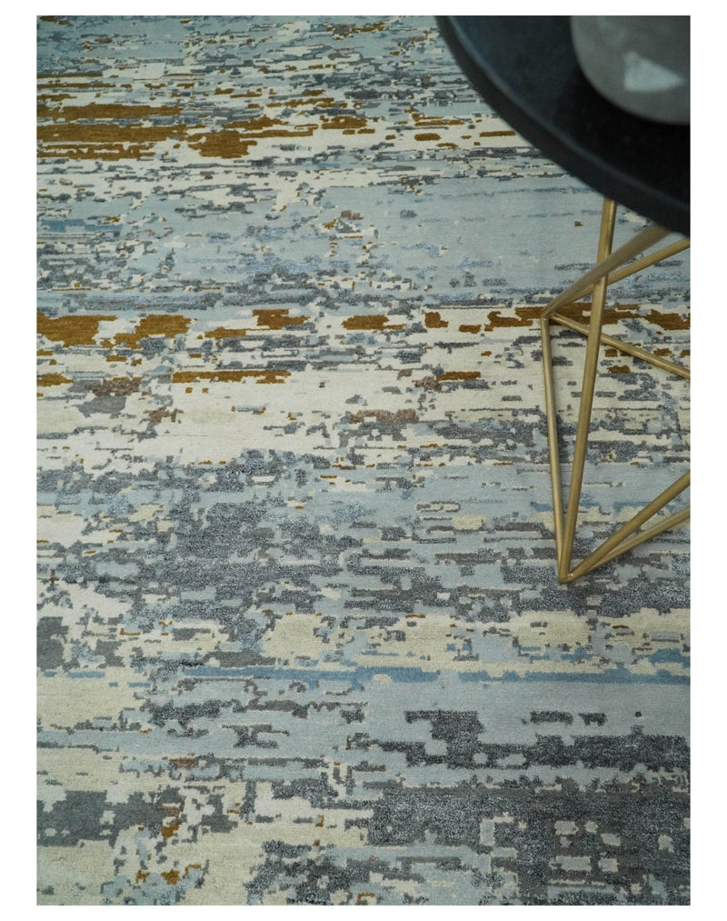9x12 Fine Hand Knotted Ivory and Blue Modern Abstract Style Antique Wool and Silk Area Rug | AGR22