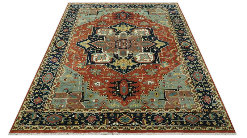 9x12 Fine Hand Knotted Rust, Blue and Aqua Traditional Heriz wool area rug
