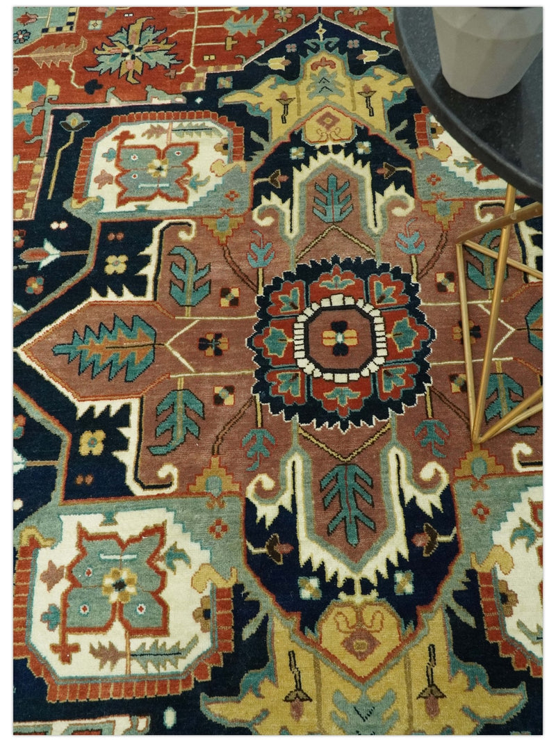 9x12 Fine Hand Knotted Rust, Blue and Aqua Traditional Heriz wool area rug