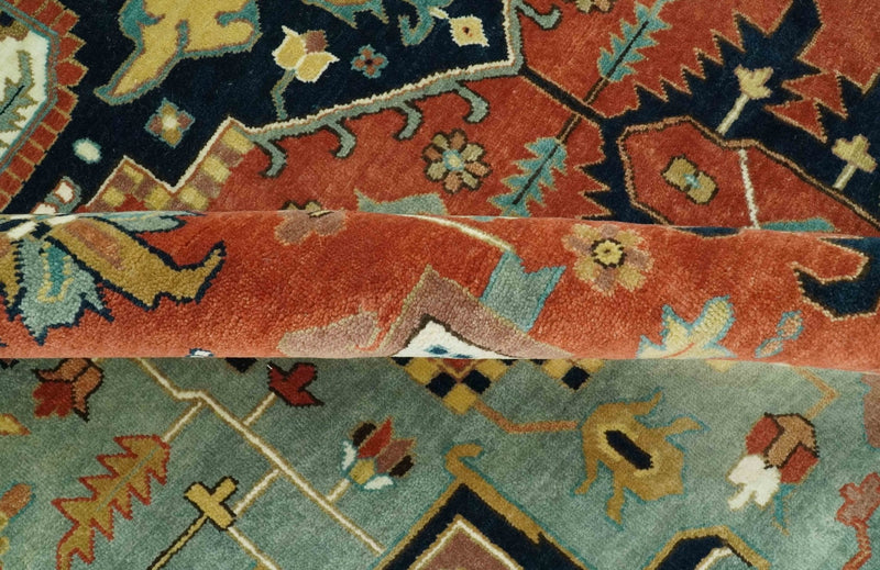 9x12 Fine Hand Knotted Rust, Blue and Aqua Traditional Heriz wool area rug