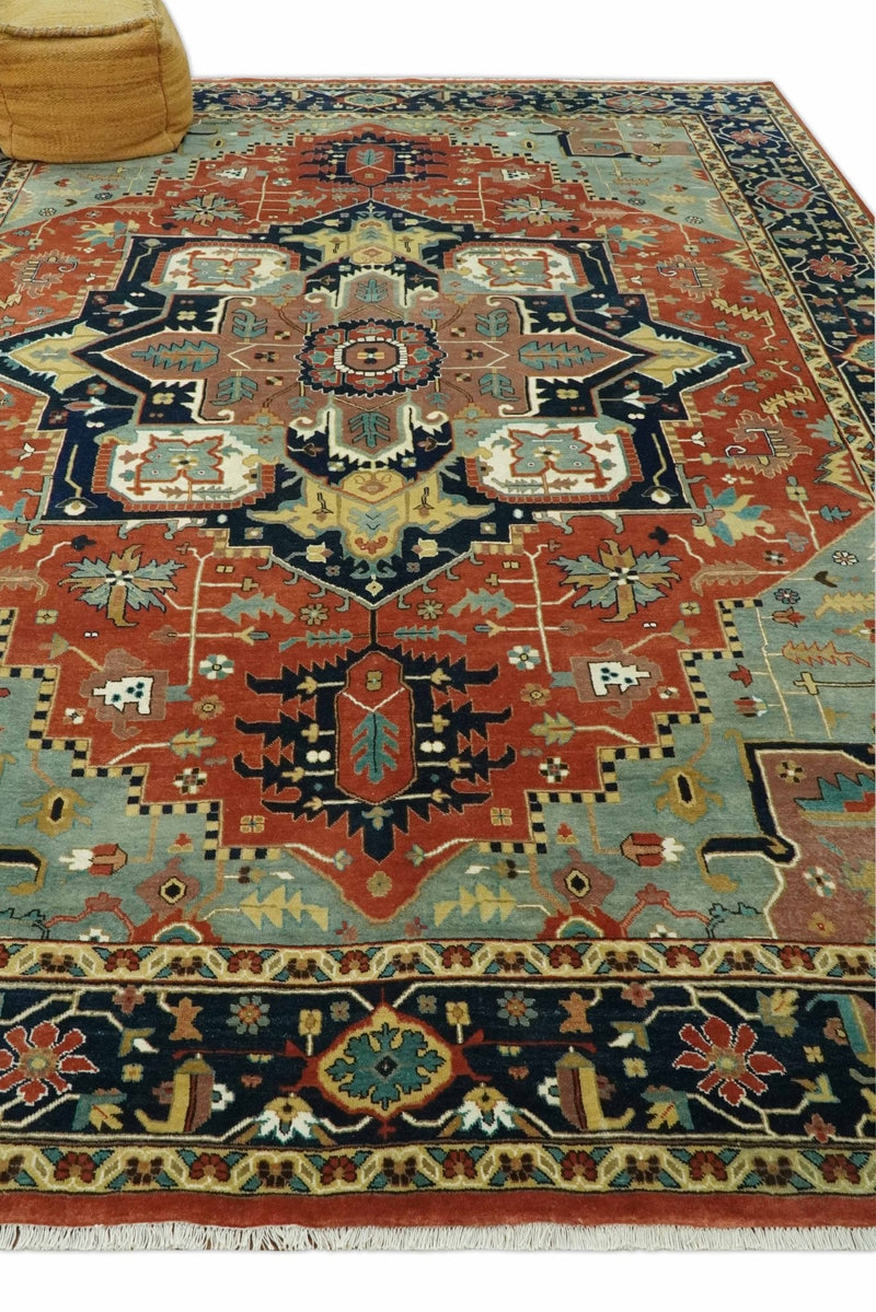 9x12 Fine Hand Knotted Rust, Blue and Aqua Traditional Heriz wool area rug