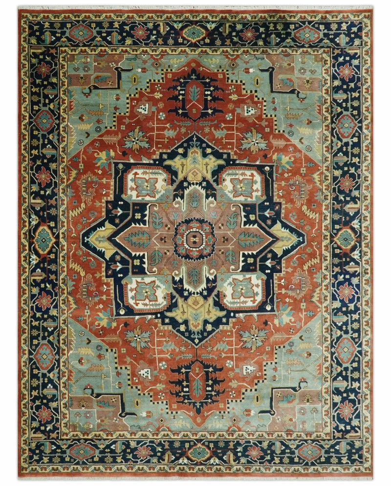 9x12 Fine Hand Knotted Rust, Blue and Aqua Traditional Heriz wool area rug