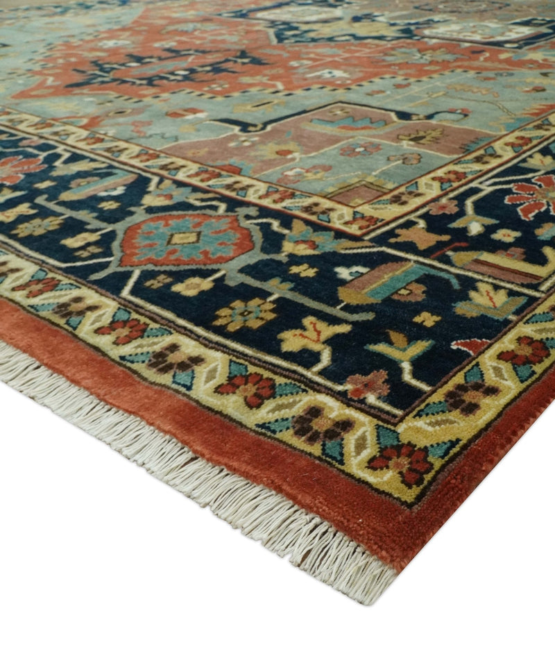 9x12 Fine Hand Knotted Rust, Blue and Aqua Traditional Heriz wool area rug