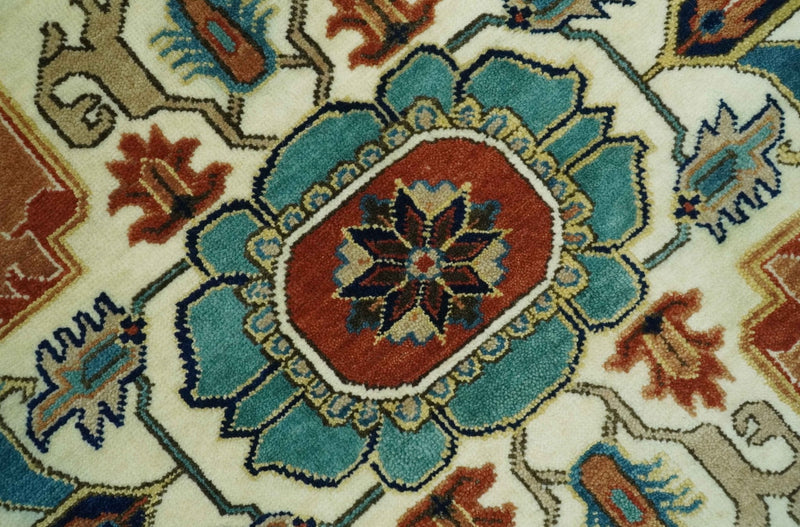 9x12 Fine Hand Knotted Rust, Ivory and Teal Traditional Heriz wool area rug