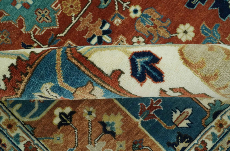 9x12 Fine Hand Knotted Rust, Ivory and Teal Traditional Heriz wool area rug