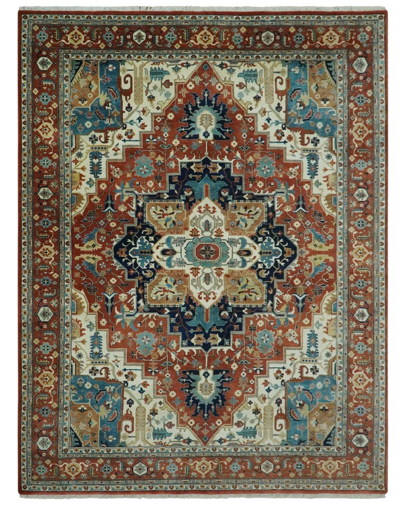 9x12 Fine Hand Knotted Rust, Ivory and Teal Traditional Heriz wool area rug