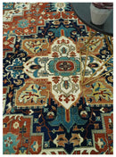 9x12 Fine Hand Knotted Rust, Ivory and Teal Traditional Heriz wool area rug