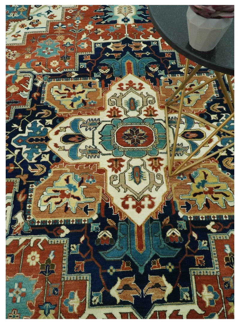 9x12 Fine Hand Knotted Rust, Ivory and Teal Traditional Heriz wool area rug