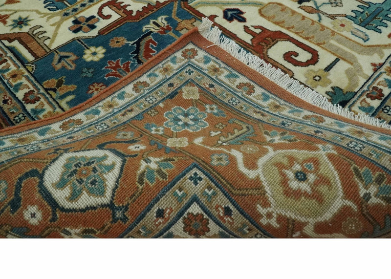 9x12 Fine Hand Knotted Rust, Ivory and Teal Traditional Heriz wool area rug