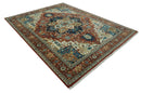 9x12 Fine Hand Knotted Rust, Ivory and Teal Traditional Heriz wool area rug
