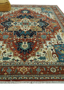 9x12 Fine Hand Knotted Rust, Ivory and Teal Traditional Heriz wool area rug