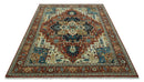 9x12 Fine Hand Knotted Rust, Ivory and Teal Traditional Heriz wool area rug