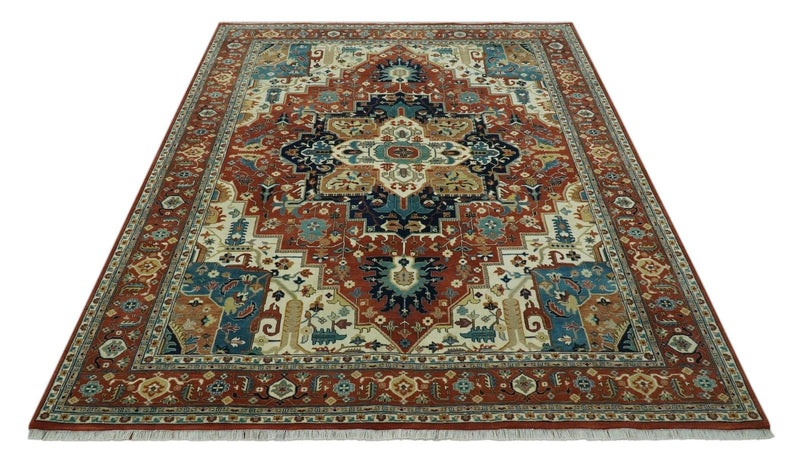 9x12 Fine Hand Knotted Rust, Ivory and Teal Traditional Heriz wool area rug