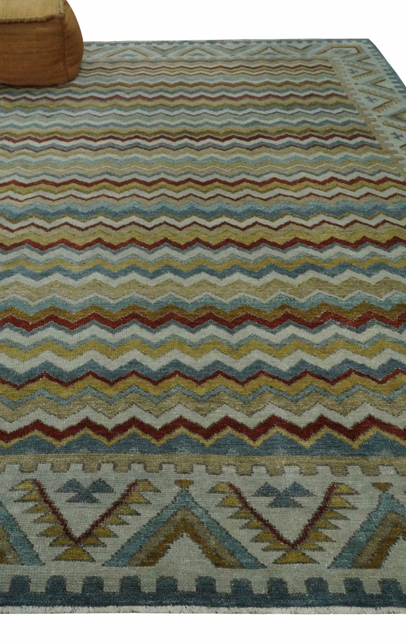9x12 Gray, Maroon, Ivory and Mustard Stripes Pattern Hand knotted wool Area Rug