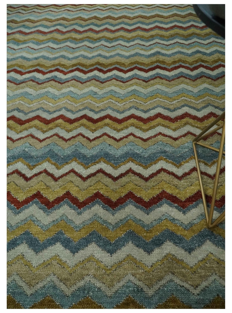 9x12 Gray, Maroon, Ivory and Mustard Stripes Pattern Hand knotted wool Area Rug