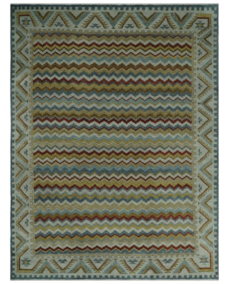 9x12 Gray, Maroon, Ivory and Mustard Stripes Pattern Hand knotted wool Area Rug