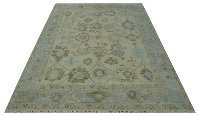 9x12 Hand Knotted Antique Style Beige and Silver Traditional Wool Rug