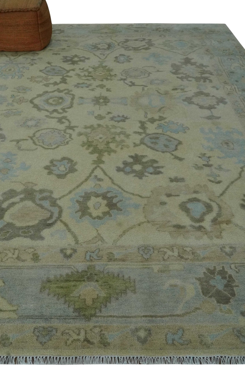 9x12 Hand Knotted Antique Style Beige and Silver Traditional Wool Rug