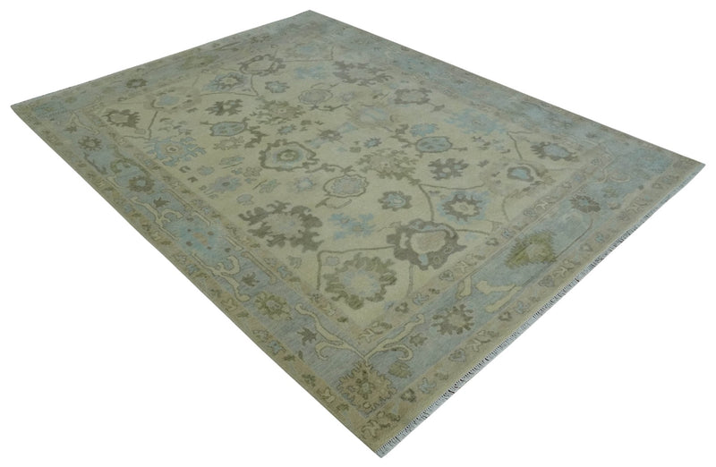 9x12 Hand Knotted Antique Style Beige and Silver Traditional Wool Rug