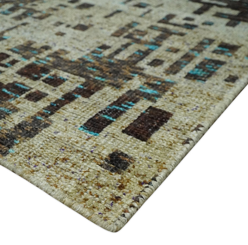 9x12 Hand Knotted Beige and Brown Modern Abstract Contemporary Recycled Silk Area Rug | OP36
