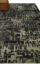 Beige Brown Blue Hand Knotted Recycled Silk Area Rug 9x12 - Modern Abstract