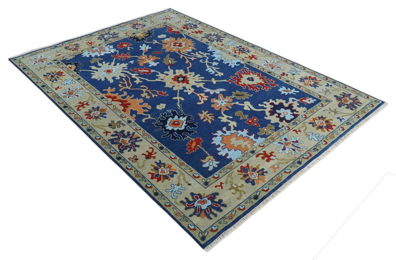 9x12 Hand Knotted Blue and Beige Colorful Oushak Wool Area Rug