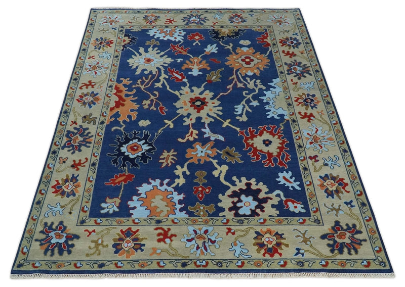 9x12 Hand Knotted Blue and Beige Colorful Oushak Wool Area Rug