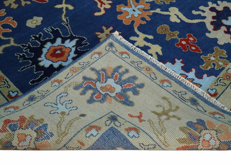 9x12 Hand Knotted Blue and Beige Colorful Oushak Wool Area Rug
