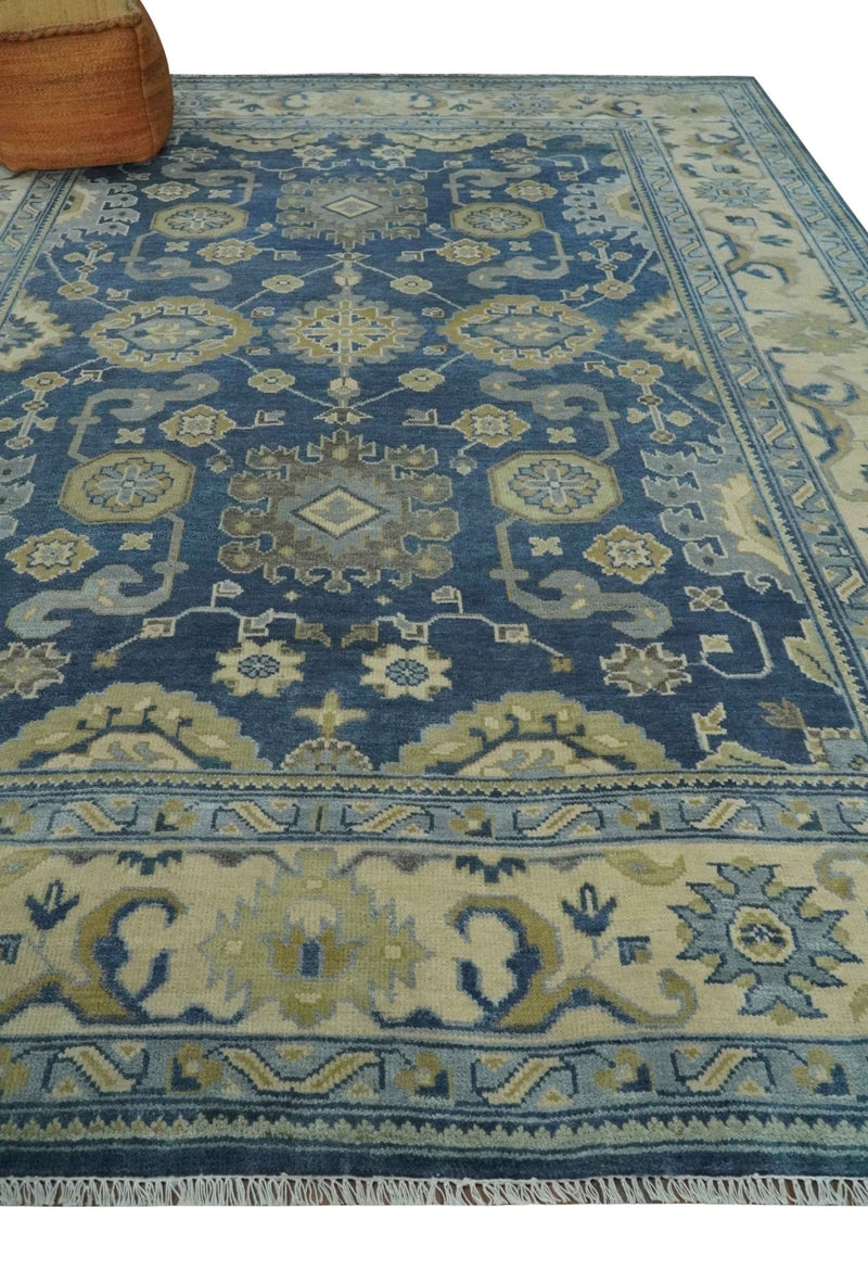 9x12 Hand Knotted Blue and Beige Traditional Oushak Wool Area Rug