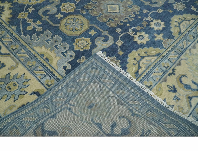 9x12 Hand Knotted Blue and Beige Traditional Oushak Wool Area Rug