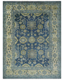 9x12 Hand Knotted Blue and Beige Traditional Oushak Wool Area Rug