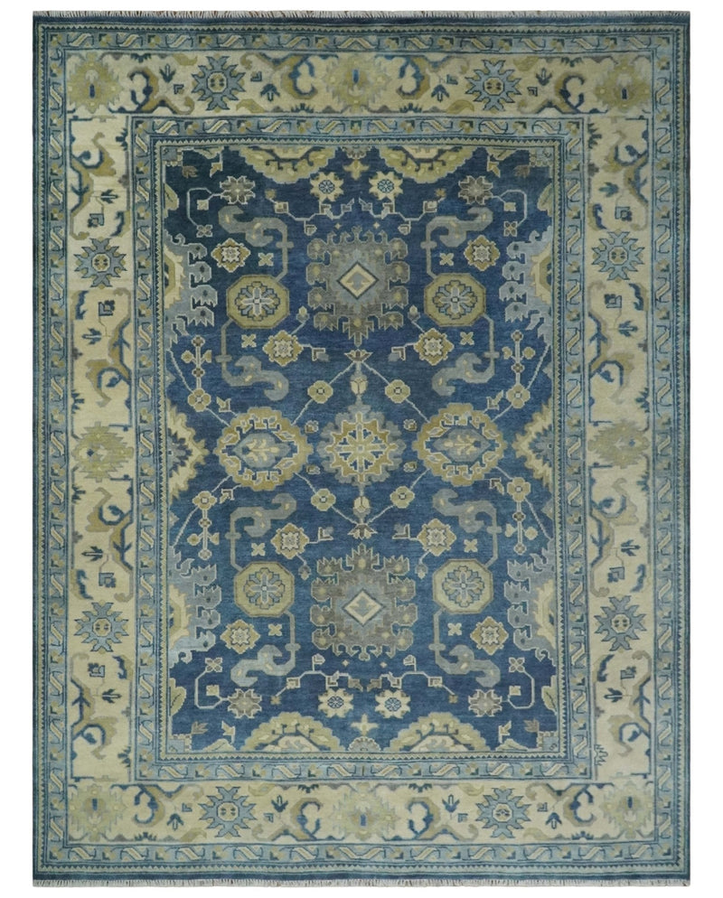 9x12 Hand Knotted Blue and Beige Traditional Oushak Wool Area Rug