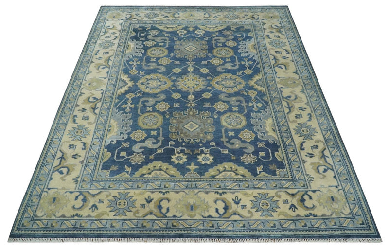 9x12 Hand Knotted Blue and Beige Traditional Oushak Wool Area Rug