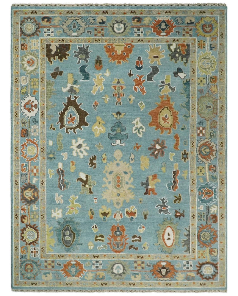 9x12 Hand Knotted Blue and Beige Traditional Vintage Persian Oushak Antique Wool Rug | TRDCP607912