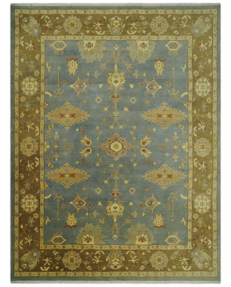 9x12 Hand Knotted Blue and Brown Traditional Antique Style Wool Area Rug