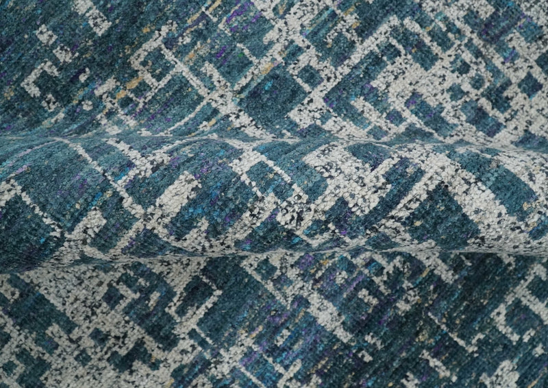 9x12 Hand Knotted Blue and Silver Modern Abstract Contemporary Recycled Silk Area Rug | OP3