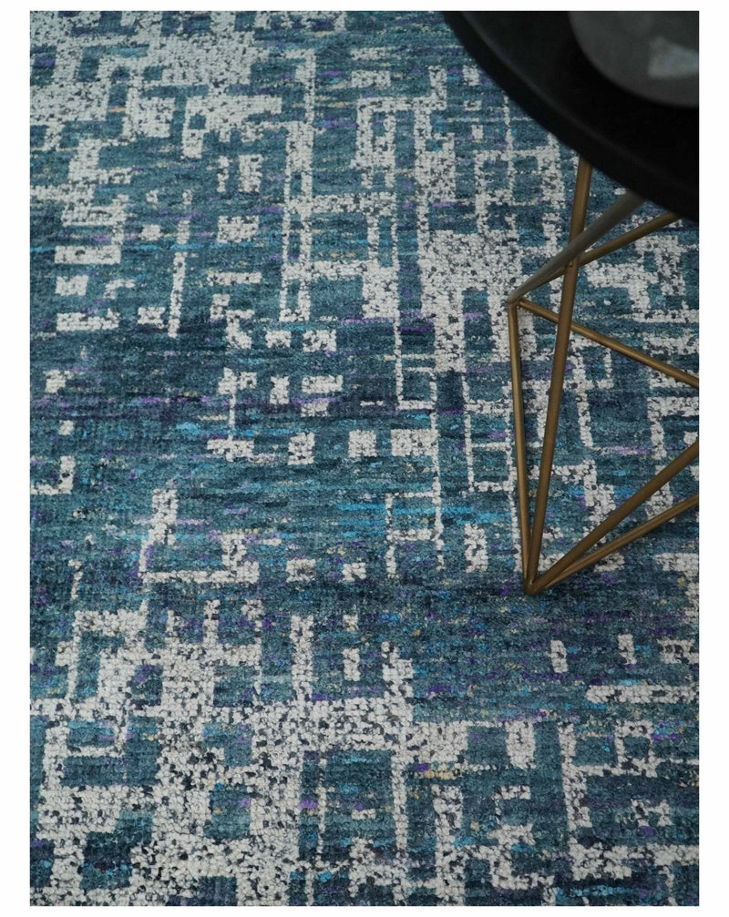9x12 Hand Knotted Blue and Silver Modern Abstract Contemporary Recycled Silk Area Rug | OP3