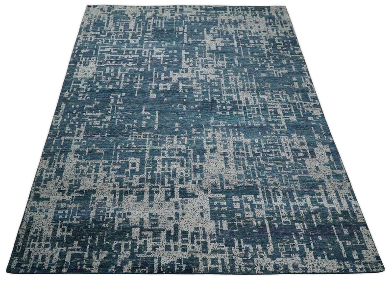 9x12 Hand Knotted Blue and Silver Modern Abstract Contemporary Recycled Silk Area Rug | OP3