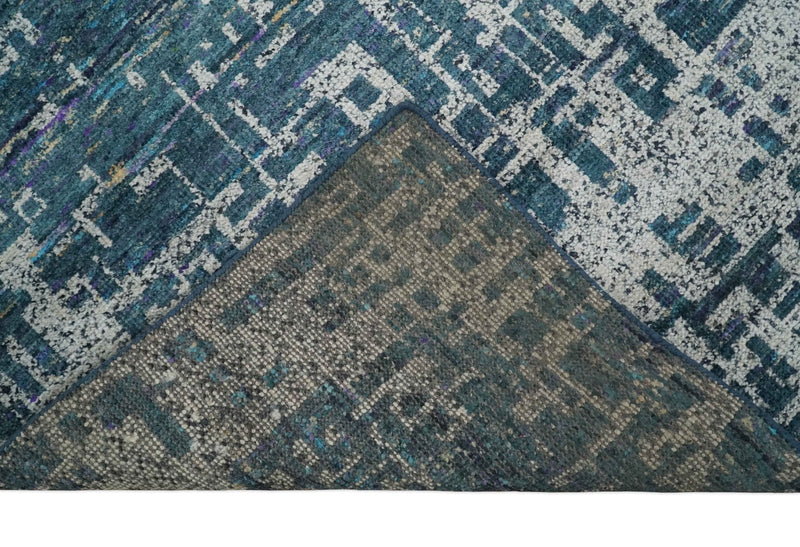 9x12 Hand Knotted Blue and Silver Modern Abstract Contemporary Recycled Silk Area Rug | OP3