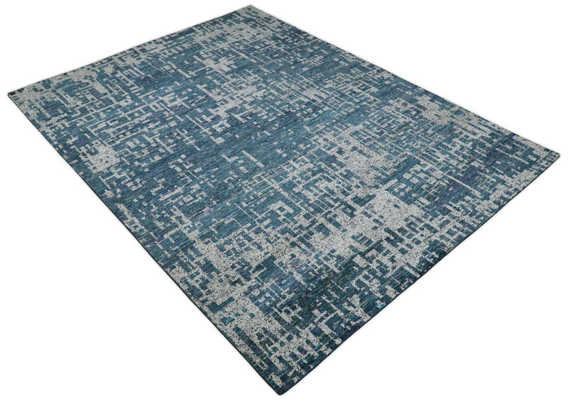 9x12 Hand Knotted Blue and Silver Modern Abstract Contemporary Recycled Silk Area Rug | OP3