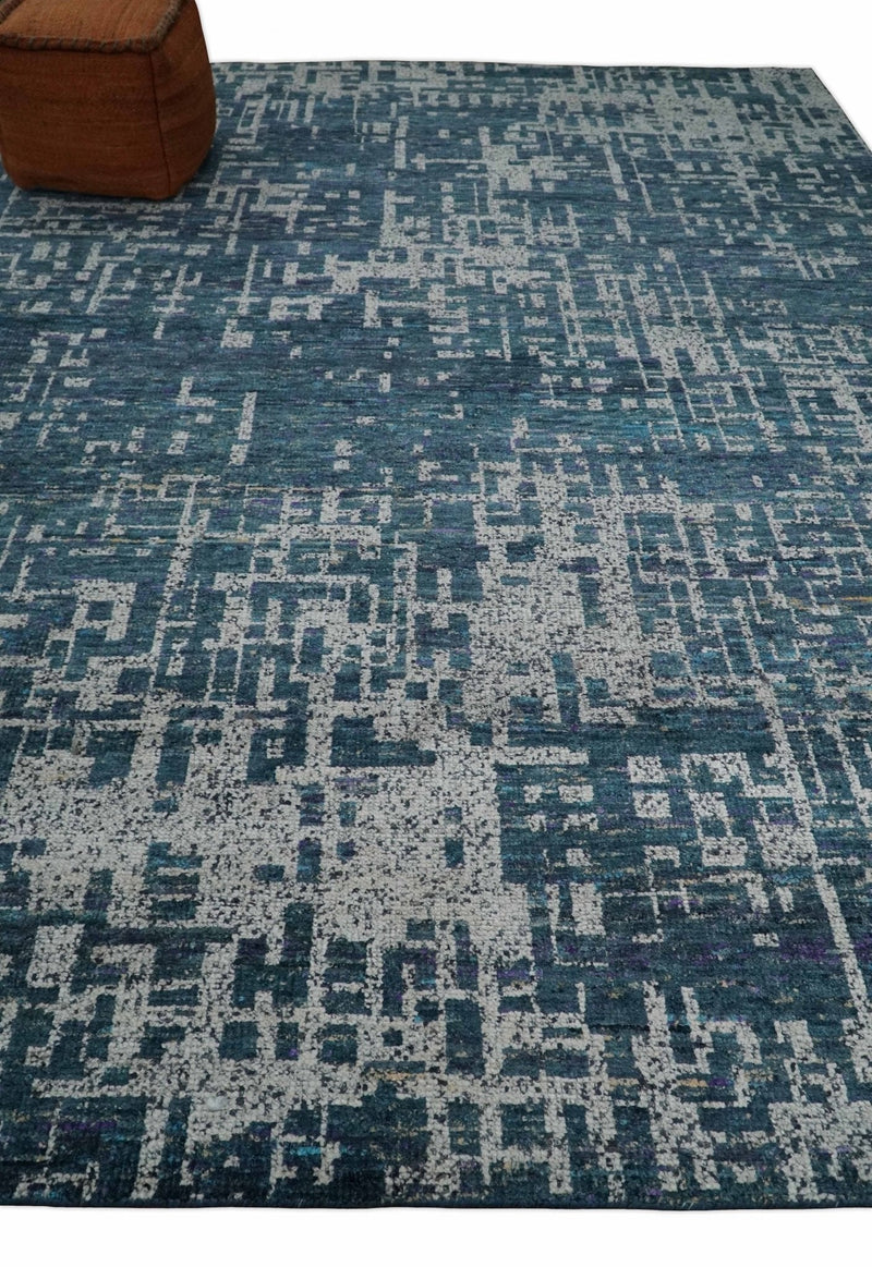 9x12 Hand Knotted Blue and Silver Modern Abstract Contemporary Recycled Silk Area Rug | OP3
