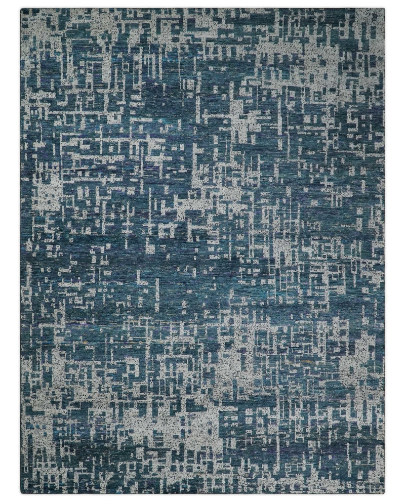 9x12 Hand Knotted Blue and Silver Modern Abstract Contemporary Recycled Silk Area Rug | OP3
