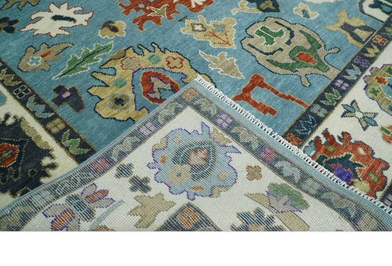9x12 Hand Knotted Blue, Ivory and Gray vibrant Colorful Oushak Wool Area Rug