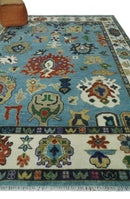 9x12 Hand Knotted Blue, Ivory and Gray vibrant Colorful Oushak Wool Area Rug