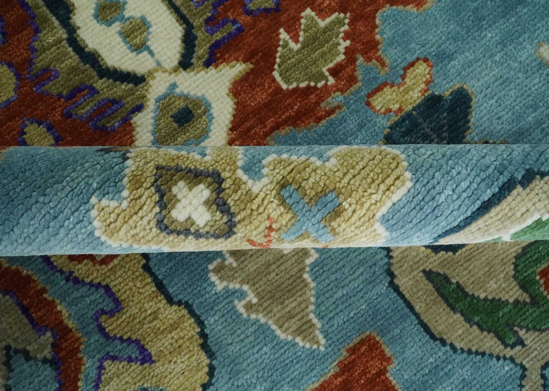 9x12 Hand Knotted Blue, Ivory and Gray vibrant Colorful Oushak Wool Area Rug