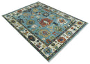 9x12 Hand Knotted Blue, Ivory and Gray vibrant Colorful Oushak Wool Area Rug