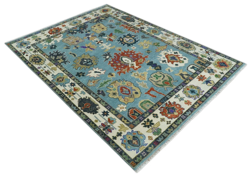 9x12 Hand Knotted Blue, Ivory and Gray vibrant Colorful Oushak Wool Area Rug